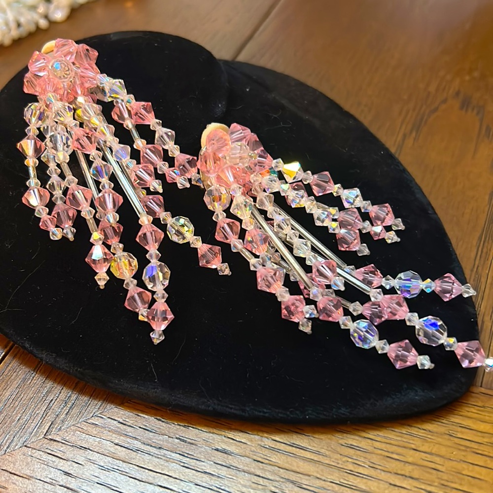 Vintage Hand Made Kato Pink/ Clear Runway Cluster Swarovski Dangle - N Earring🌸 - Picture 2 of 16
